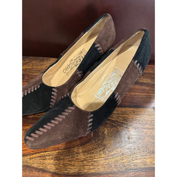 Ferragamo Color Block Patchwork Heels – Black & Brown Suede – Size 6 - Picture 3 of 7